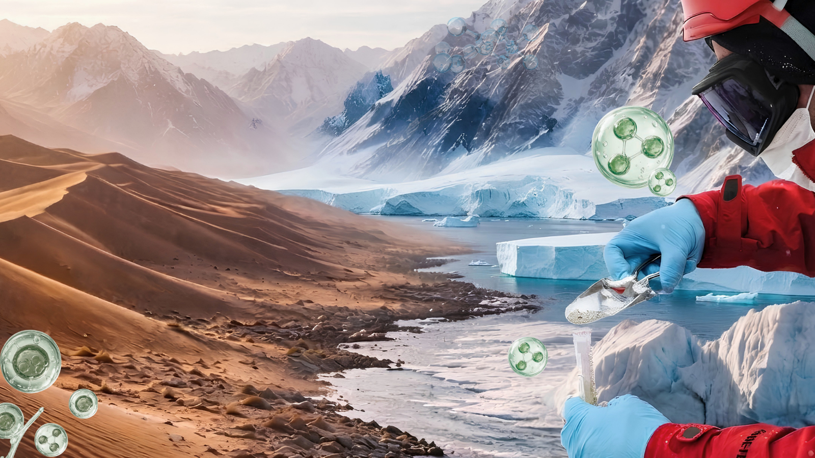 Cientifica Pewman tomando muestras entre el desierto y un glaciar, con microorganismos