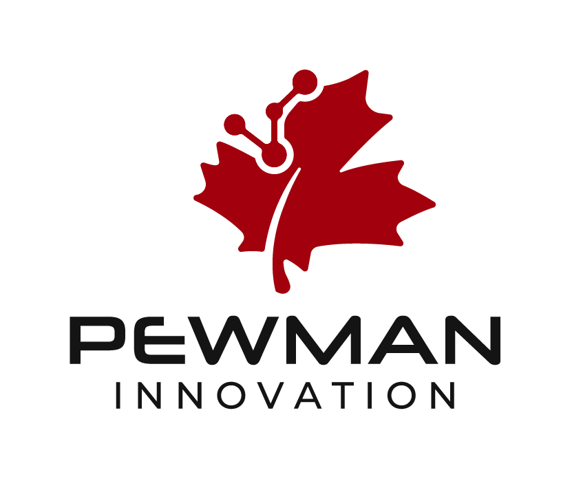 Logo pewman innovation, hoja de maple roja con moléculas que representan innovación y tecnología